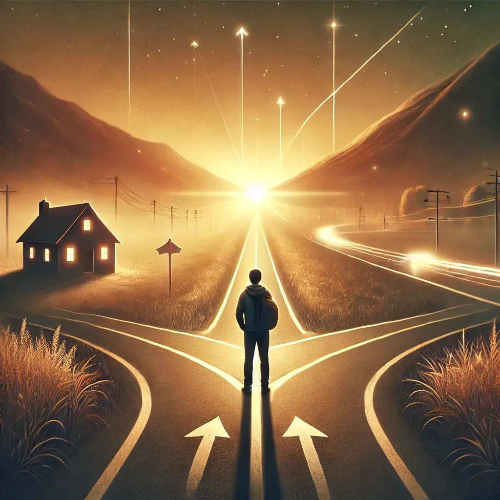man at crossroads decides if he should follow comfort or a more exciting path