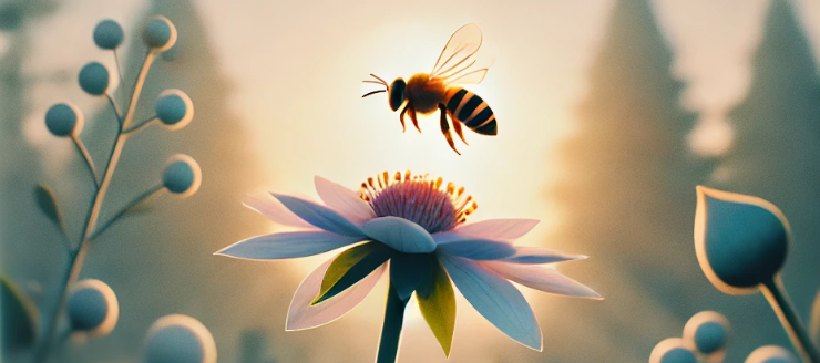 A serene scene featuring a bee hovering near a flower, with soft sunlight filtering through a misty forest. The image evokes a sense of calm and mindfulness, symbolizing the themes of peace and reflection.