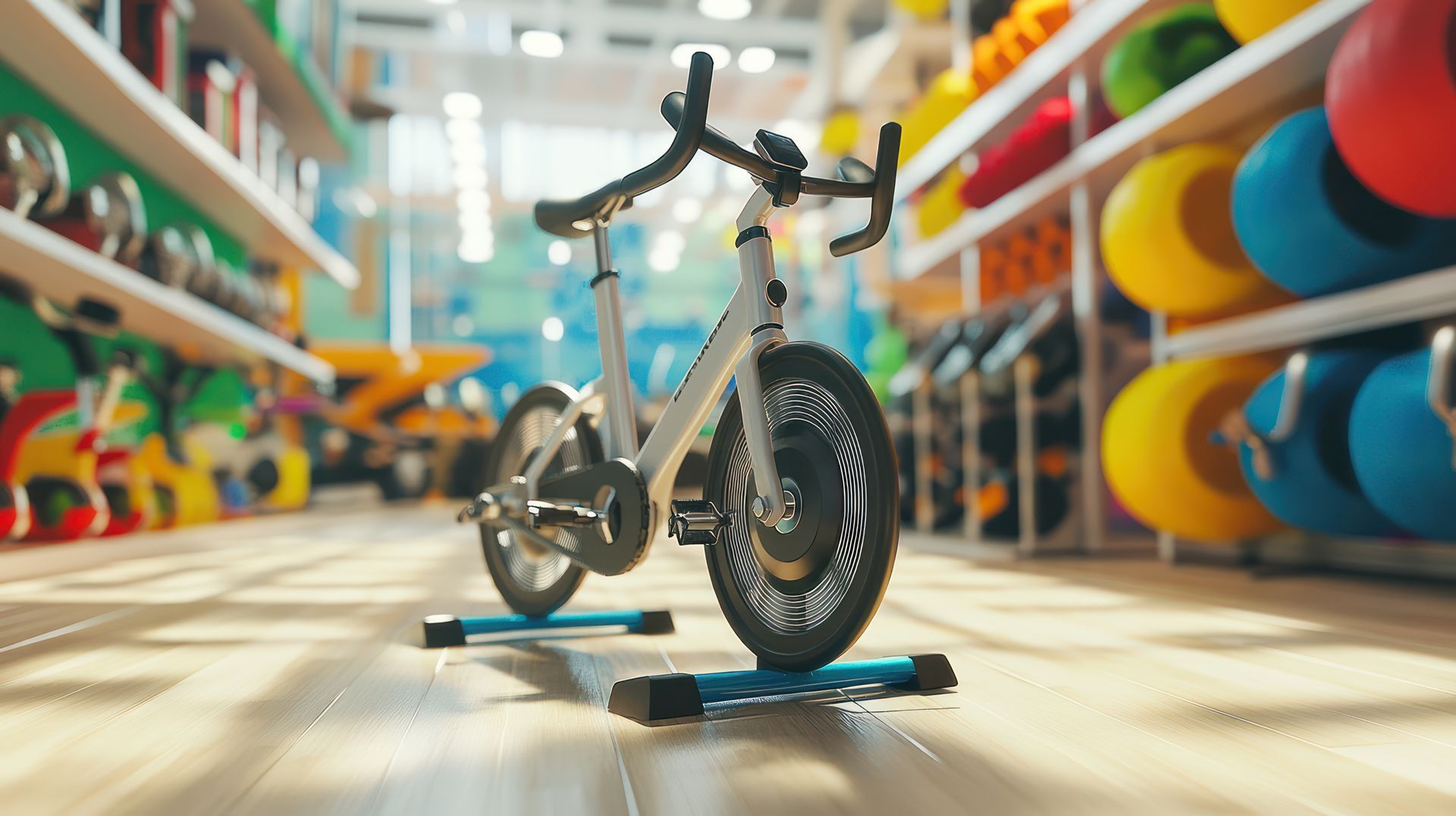 White bike, at fitness store display.
