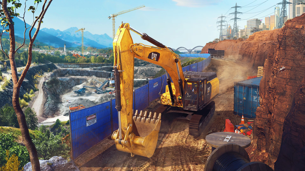 A large yellow excavator is working on a construction site.