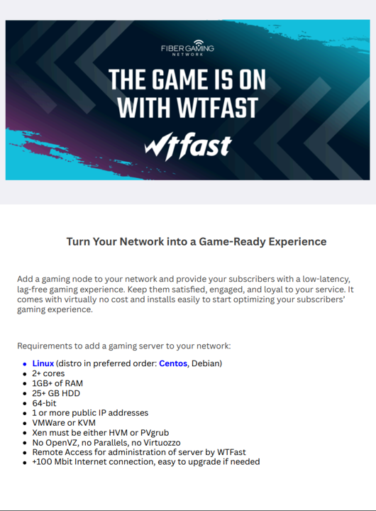 Advertisement for WTFast, a gaming network. Text is on a dark blue and teal background, with 