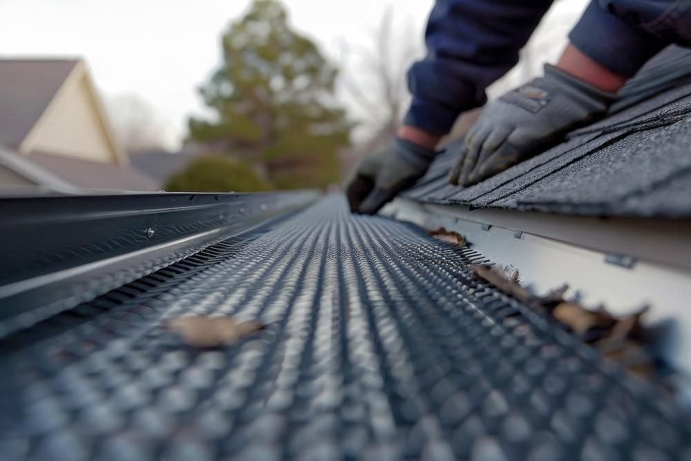 A man diligently repairs a roof, hammer in hand, surrounded by tools and roofing materials.
