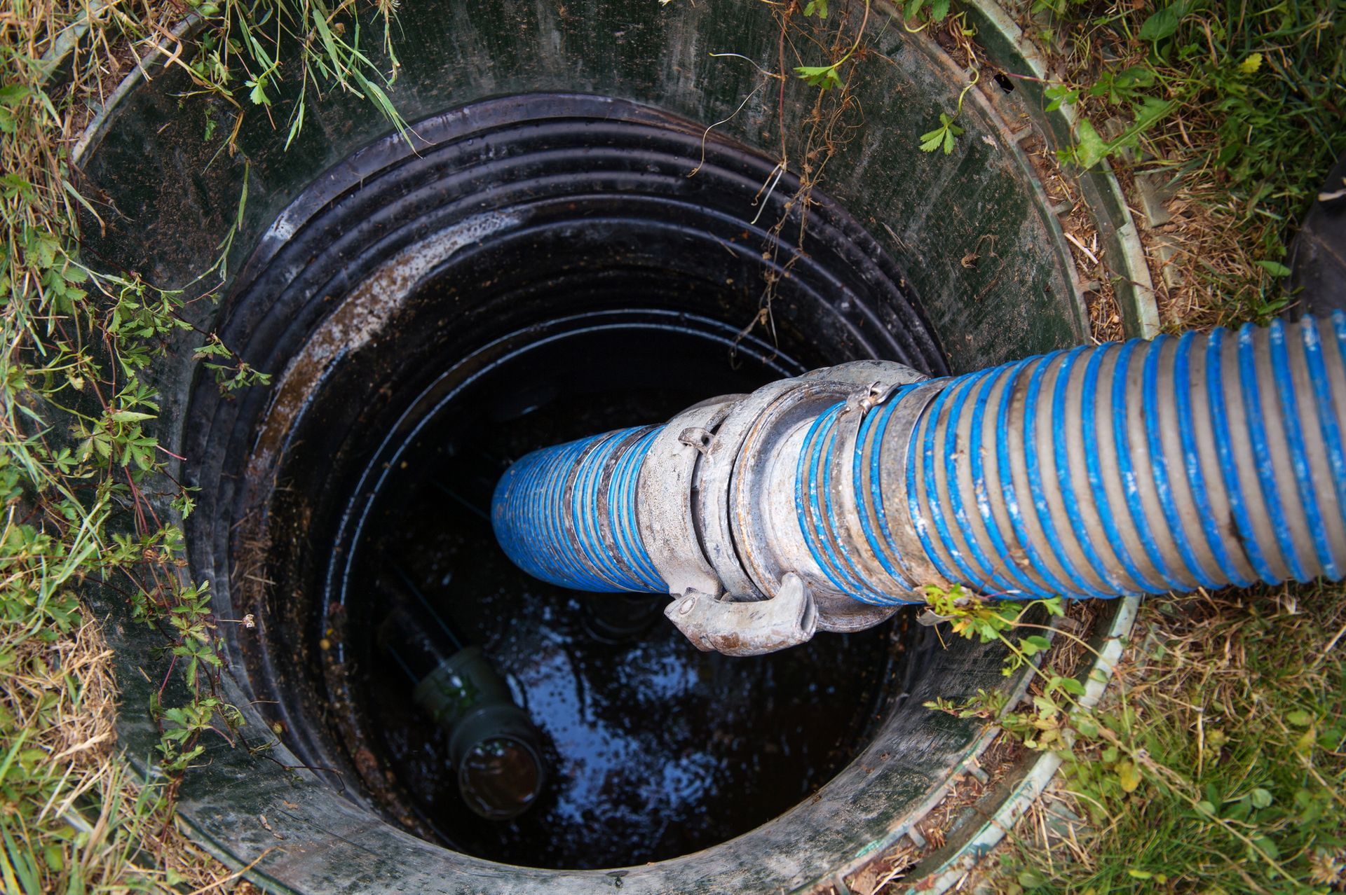 Un tubo corrugato blu scende in un tombino scuro circondato da un terreno muschioso.
