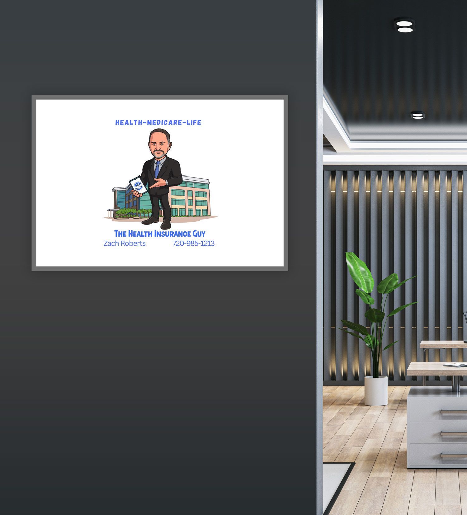 A framed cartoon ad on a wall, depicting a man in a suit holding a document with a building in the background.