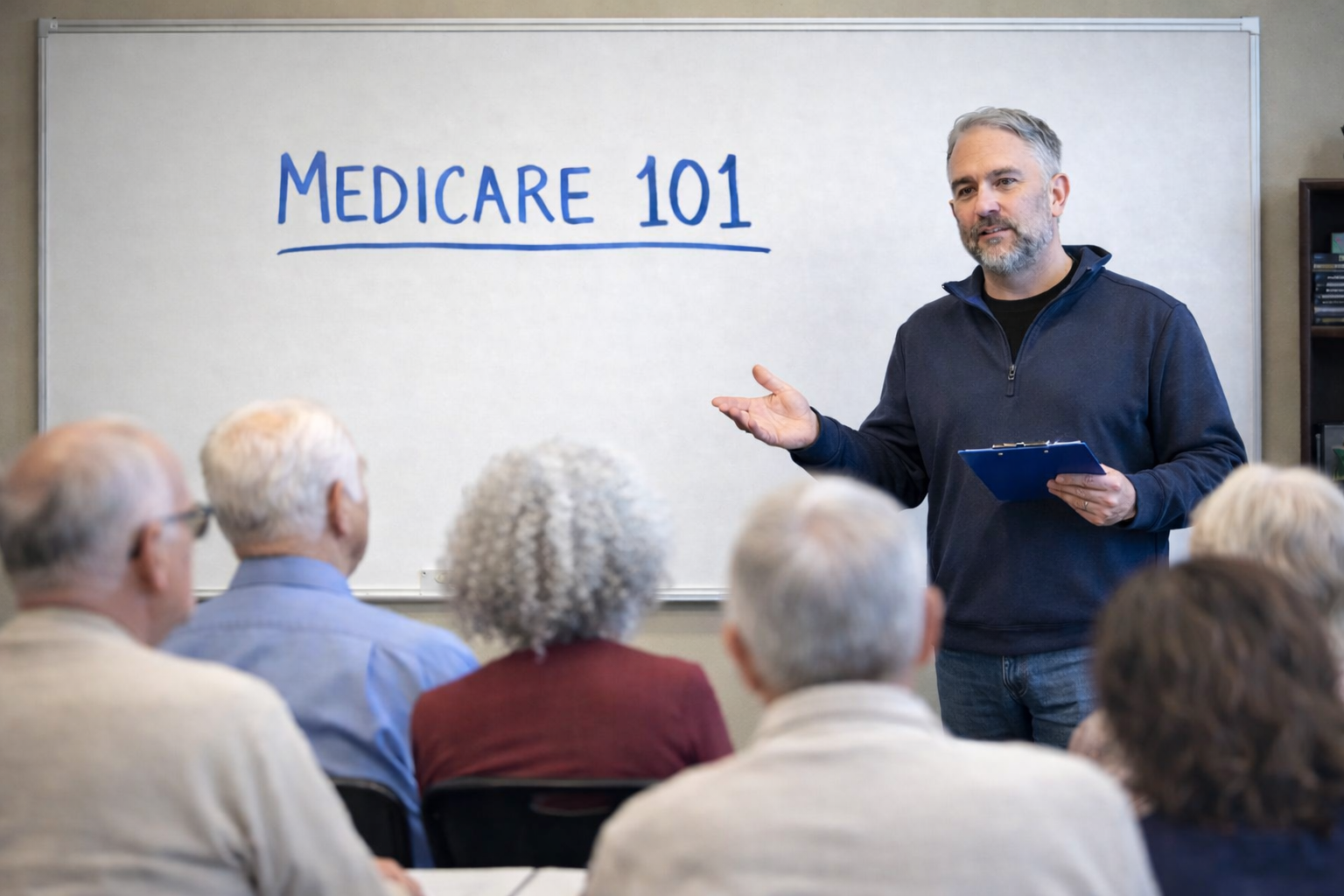 A man presenting to a group seated around a conference table in a room with a TV screen.