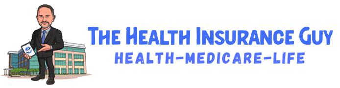 Logo for "The Health Insurance Guy," featuring a cartoon man, a building, and text "Health-Medicare-Life."