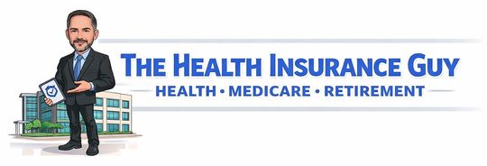 Cartoon of a man in a suit with "The Health Insurance Guy" logo; text: Health-Medicare-Life.