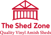 Logo for The Shed Zone with a red shed icon and the text “Quality Vinyl Amish Sheds”