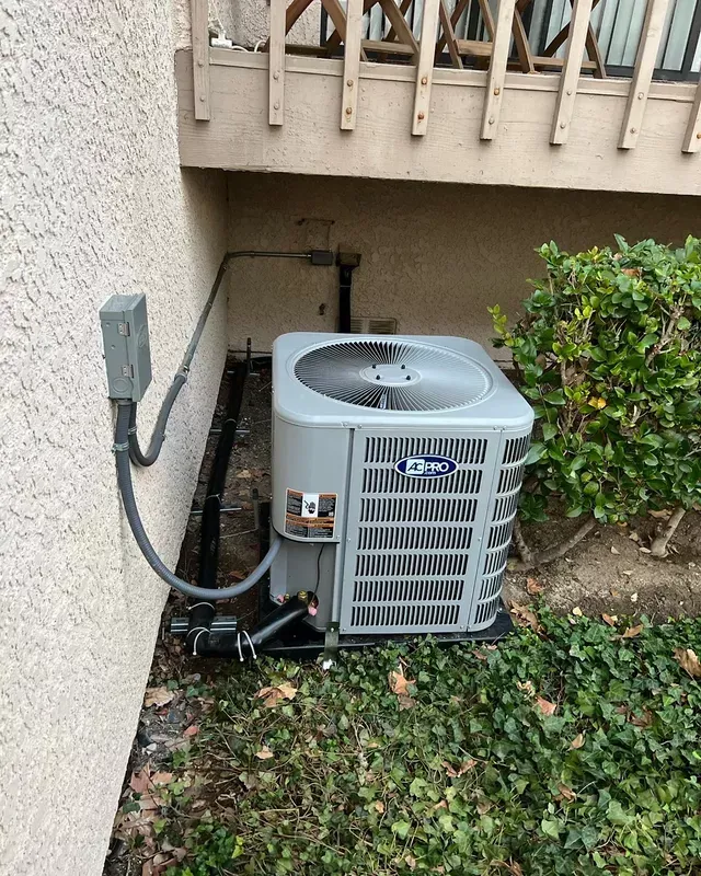 Air conditioner unit next to a building with a gray electrical box and green bushes.
