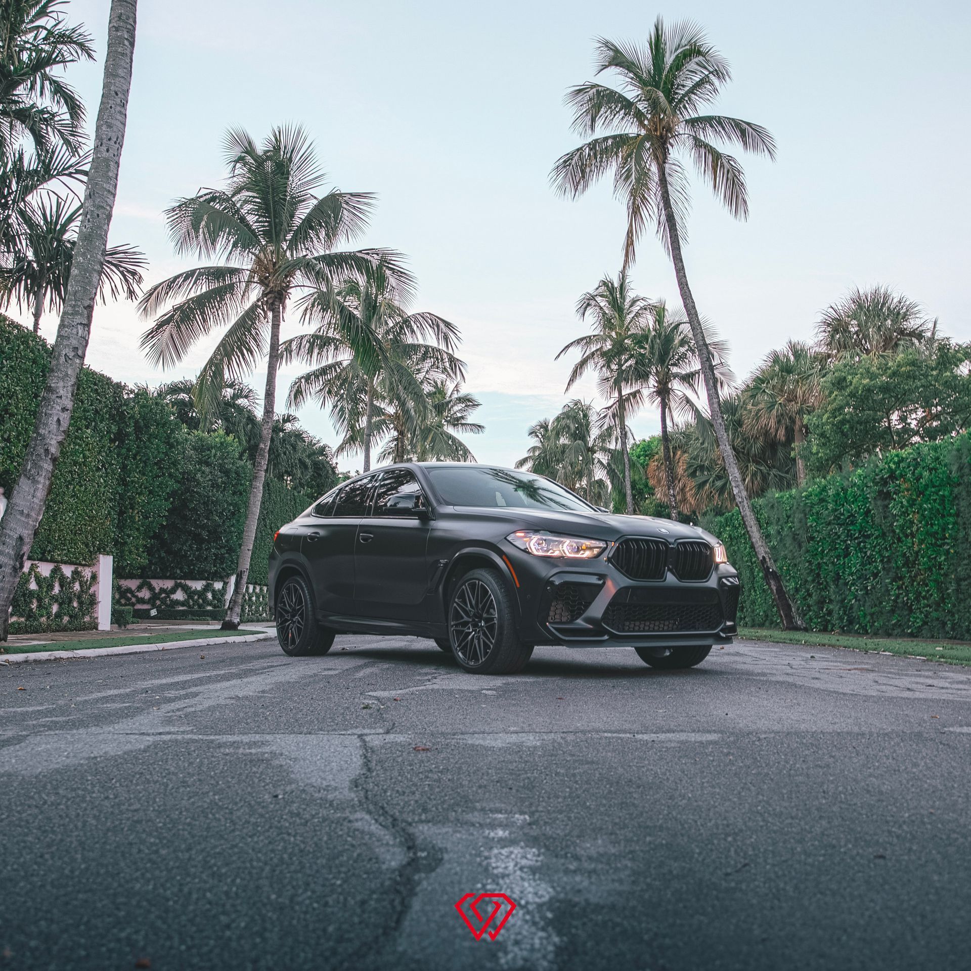 Black BMW SUV parked on a wet road, palm trees in the background under a cloudy sky.