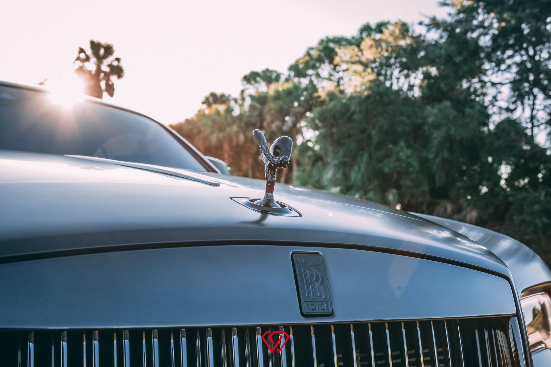 Silver Rolls Royce hood with Spirit of Ecstasy statue, sunlit with trees in the background.
