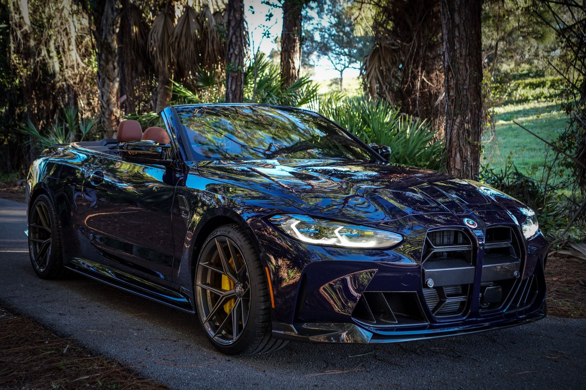 Dark blue convertible BMW on a paved road, top down, brown interior, forest background.