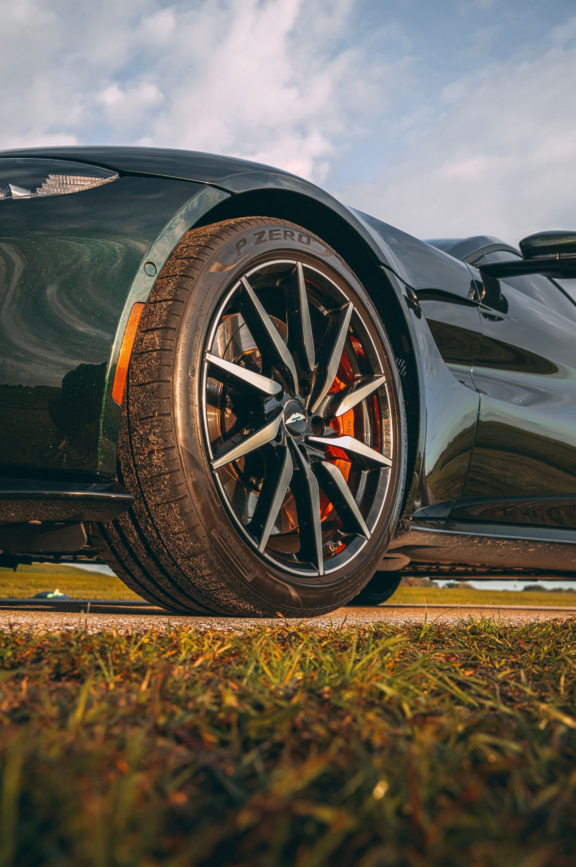 Dark green sports car, showing front tire and wheel, with red brake calipers, parked on grass.