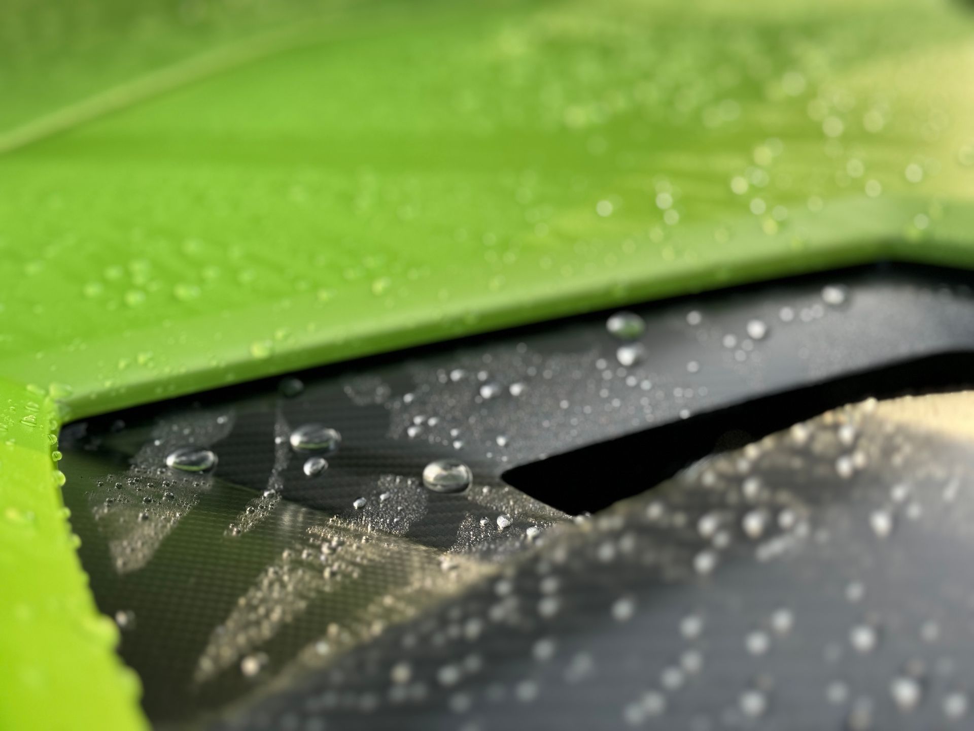 Green car exterior with water droplets on the window.