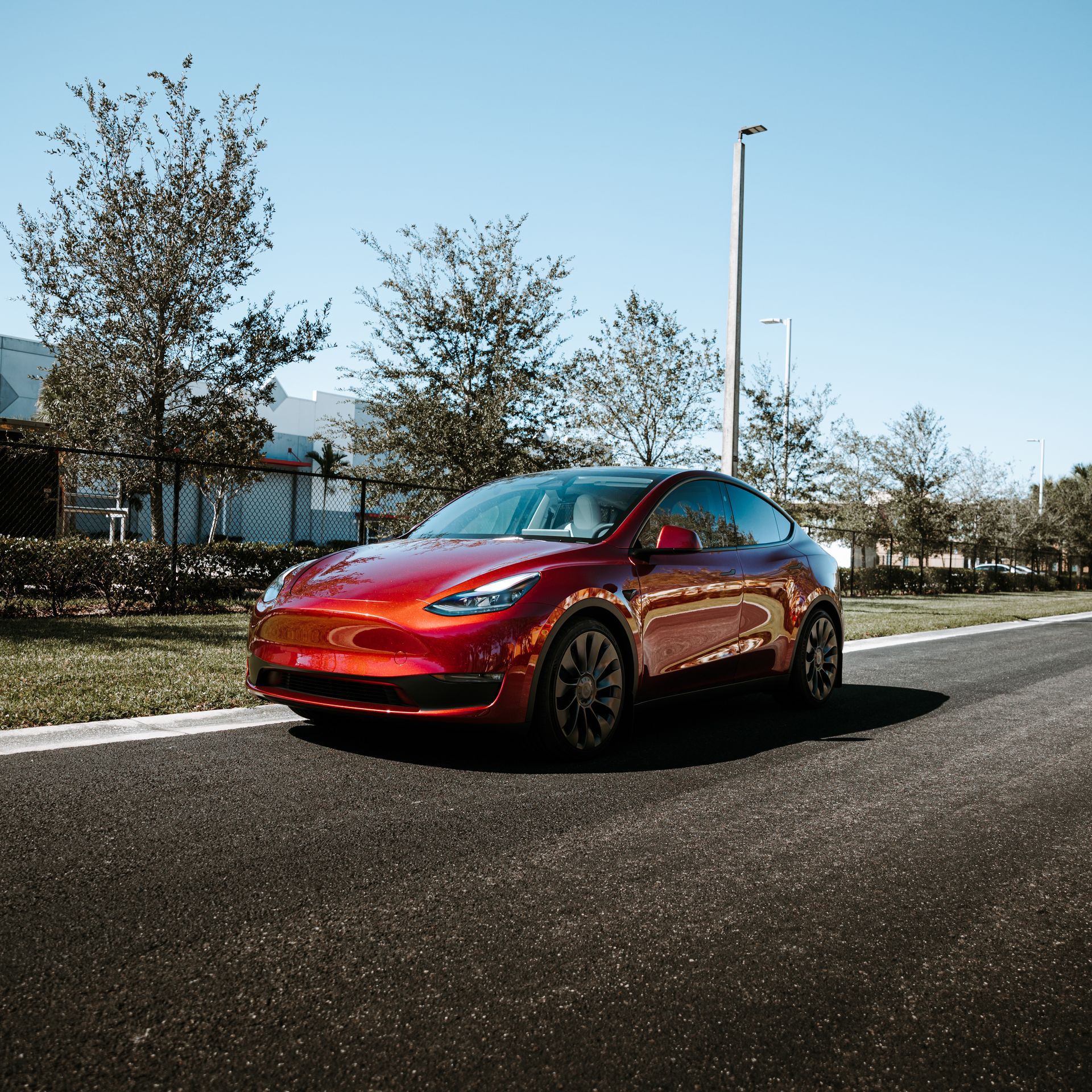 Red Tesla Model Y parked on asphalt road, trees in background, sunny day.