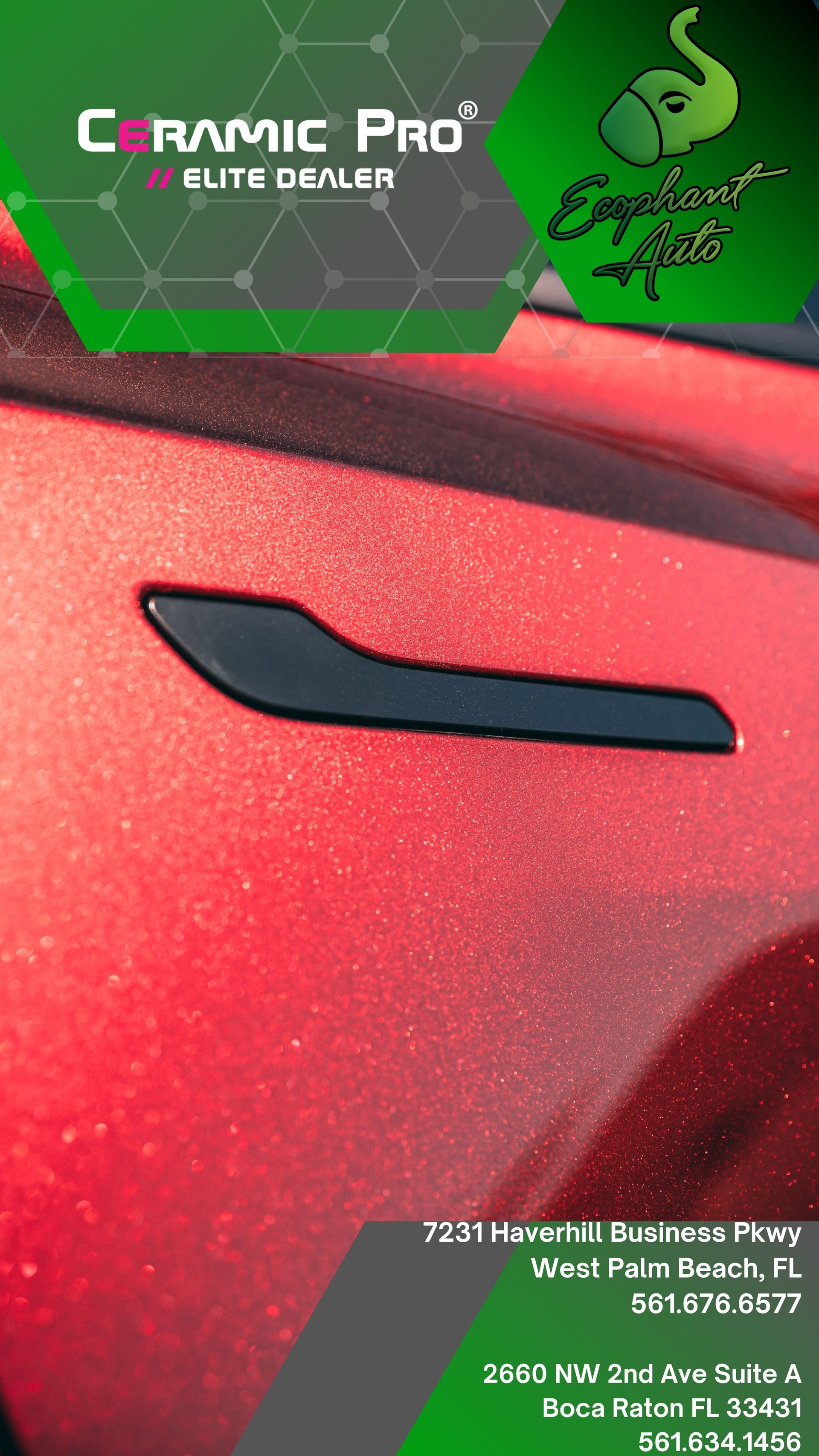 Red car door with black handle, Ceramic Pro dealer advertisement.