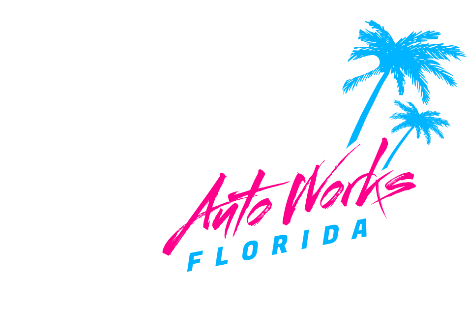 Auto Works Florida logo with pink text, blue palm trees.