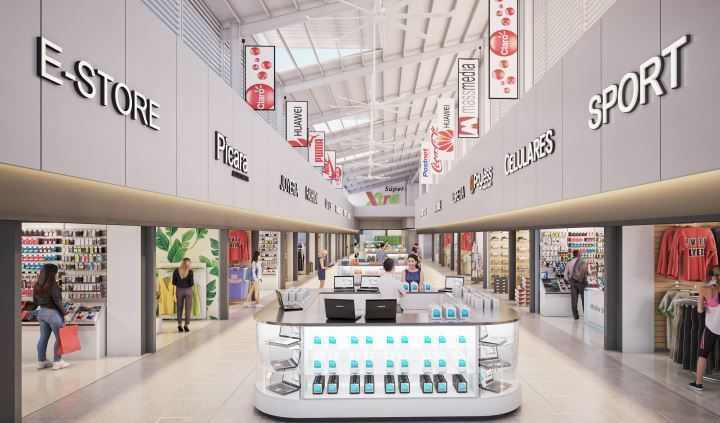 Una impresión artística del interior de un centro comercial.
