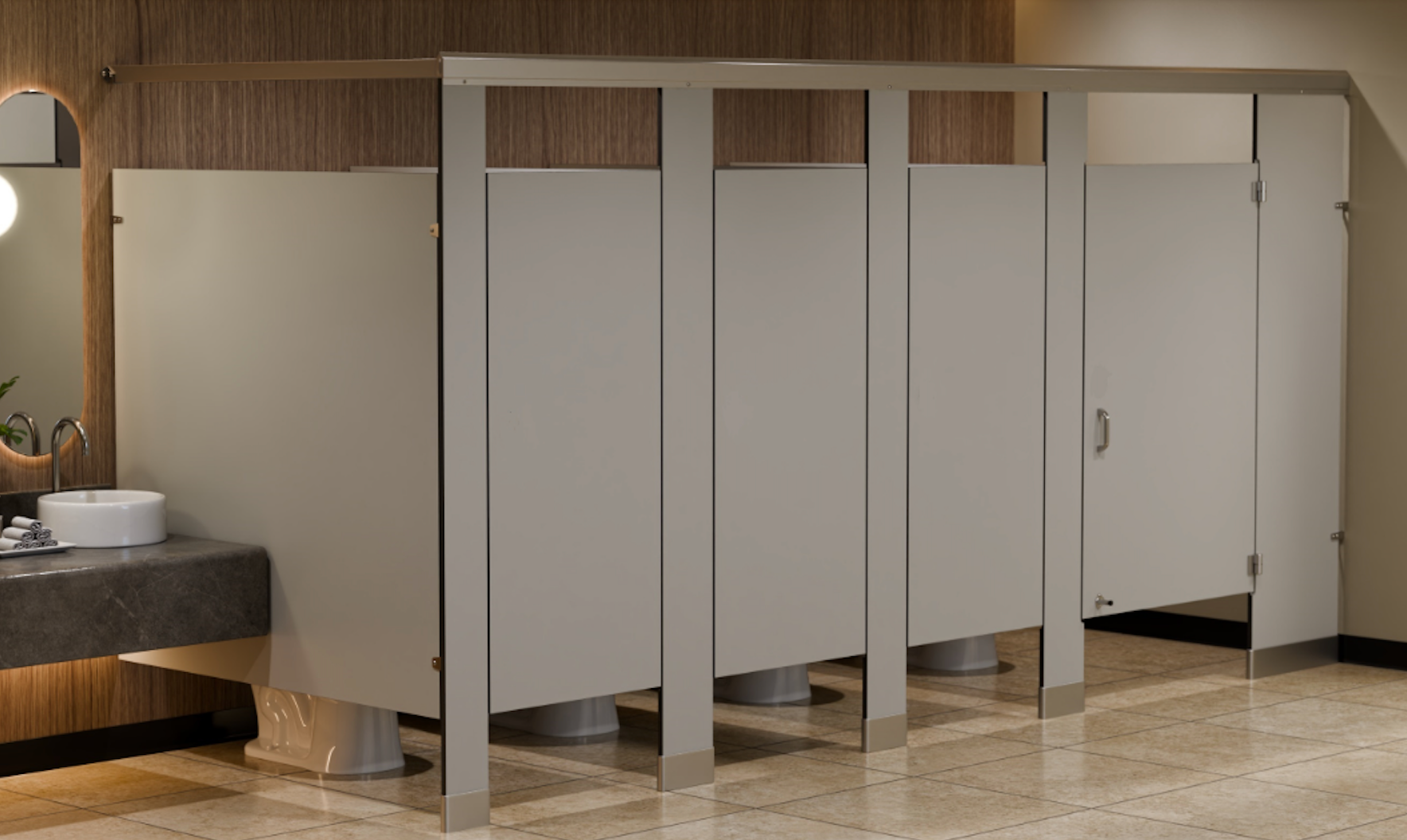 Un baño con mamparas blancas y un lavabo.