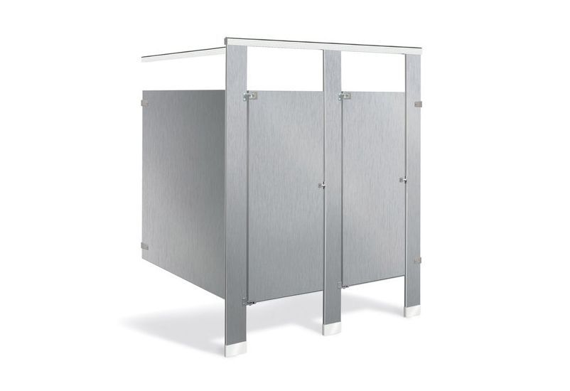 Una cabina de baño de acero inoxidable con dos puertas sobre fondo blanco.