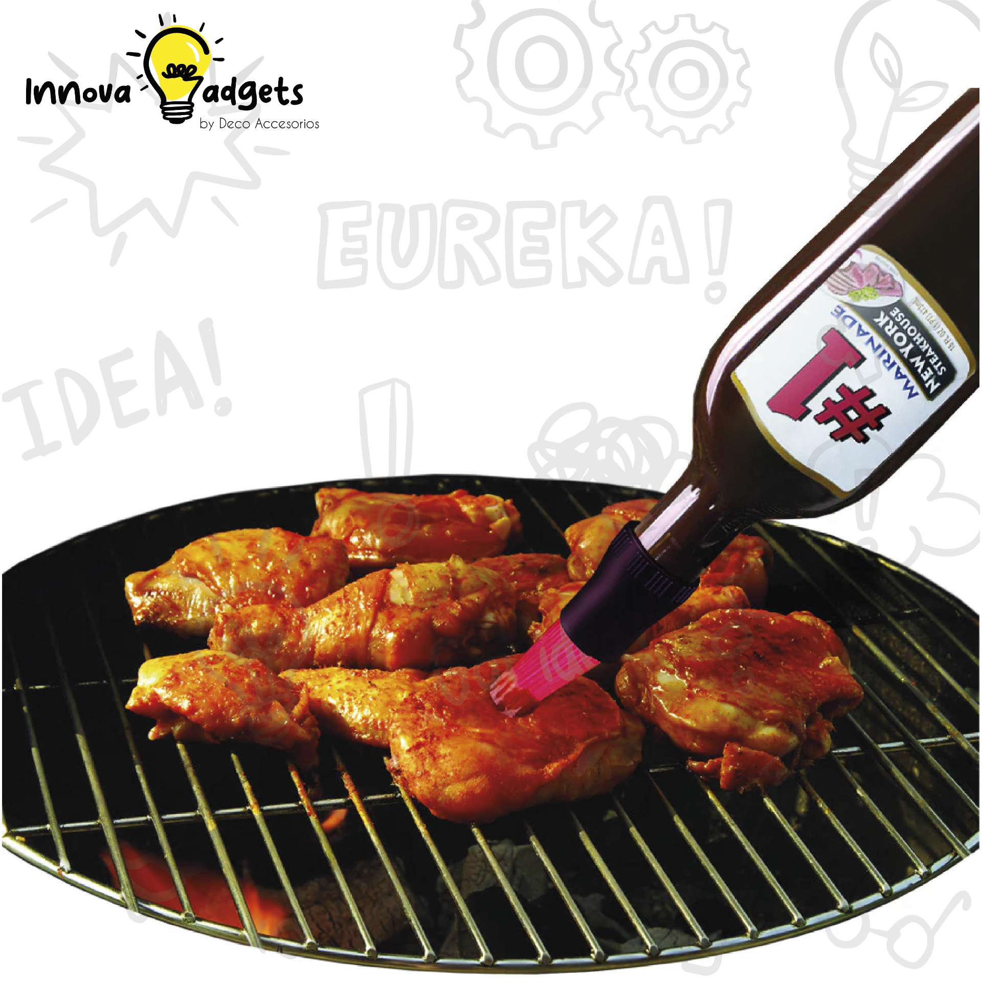 Se vierte una botella de salsa picante Eureka sobre un pollo en una parrilla.