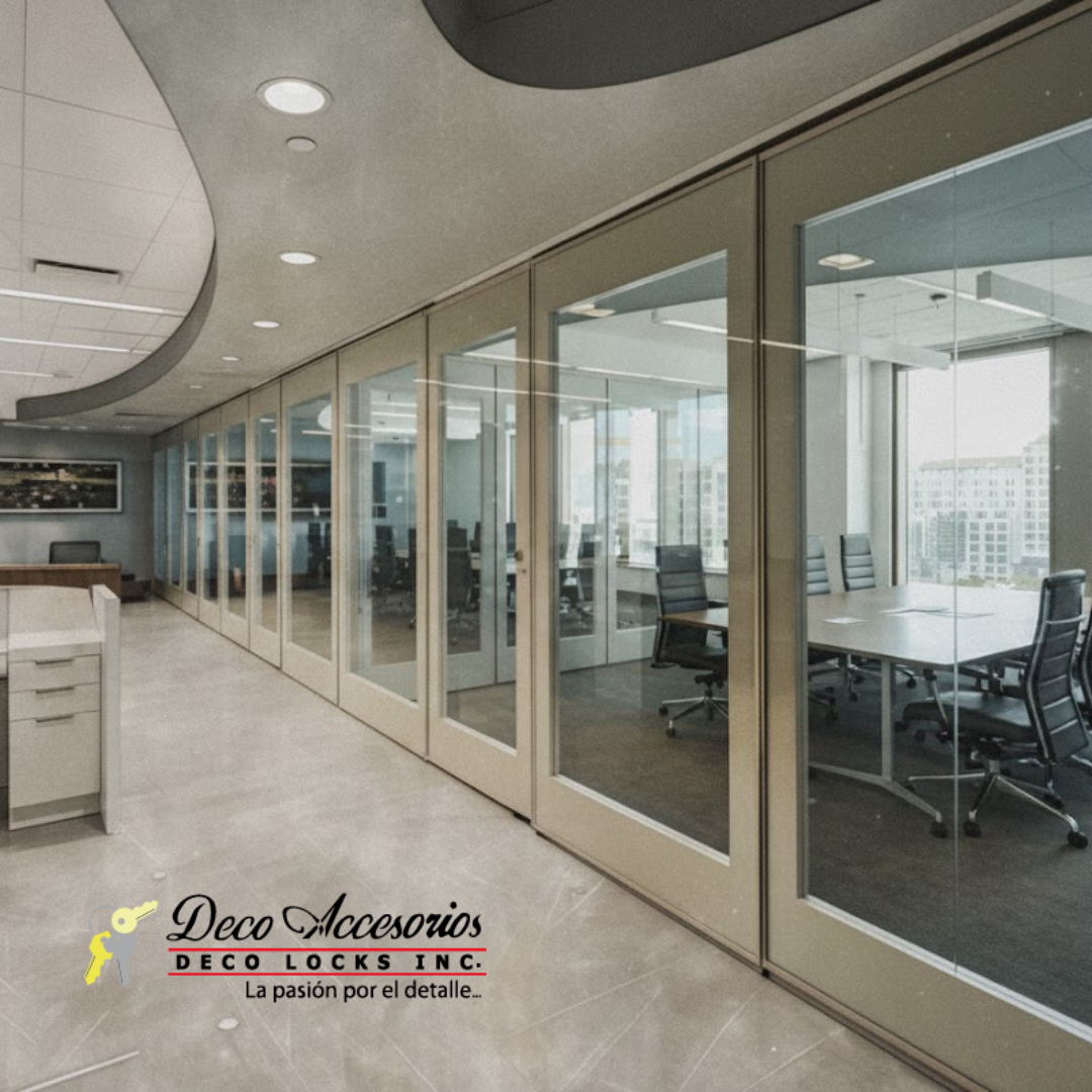 Pasillo de oficina con habitaciones con paredes de cristal; marcos beige, suelo gris, diseño moderno.