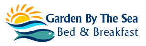 Logo of Garden By The Sea Bed & Breakfast, with sun, waves, and a fish.