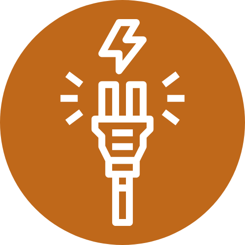 White electric plug with lightning bolt inside a rust-colored circle.