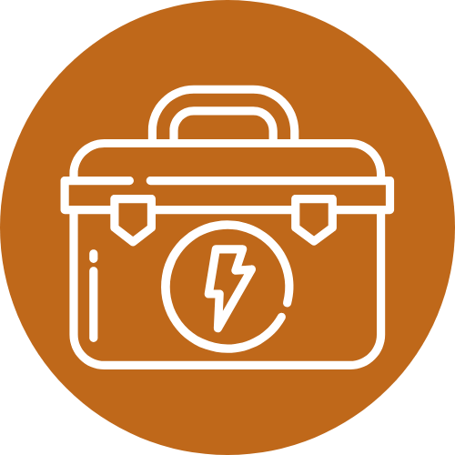 White outline of a toolbox with a lightning bolt symbol inside a circle, on a brown background.