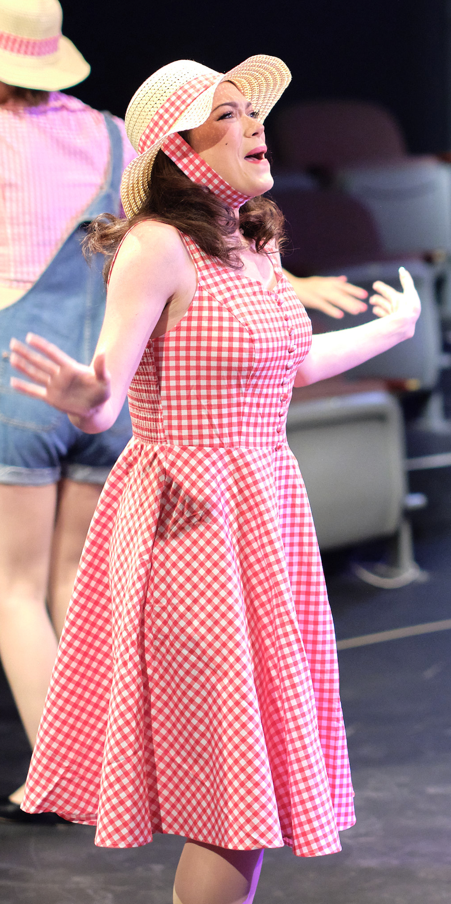 A woman in a pink dress and hat is singing on a stage.