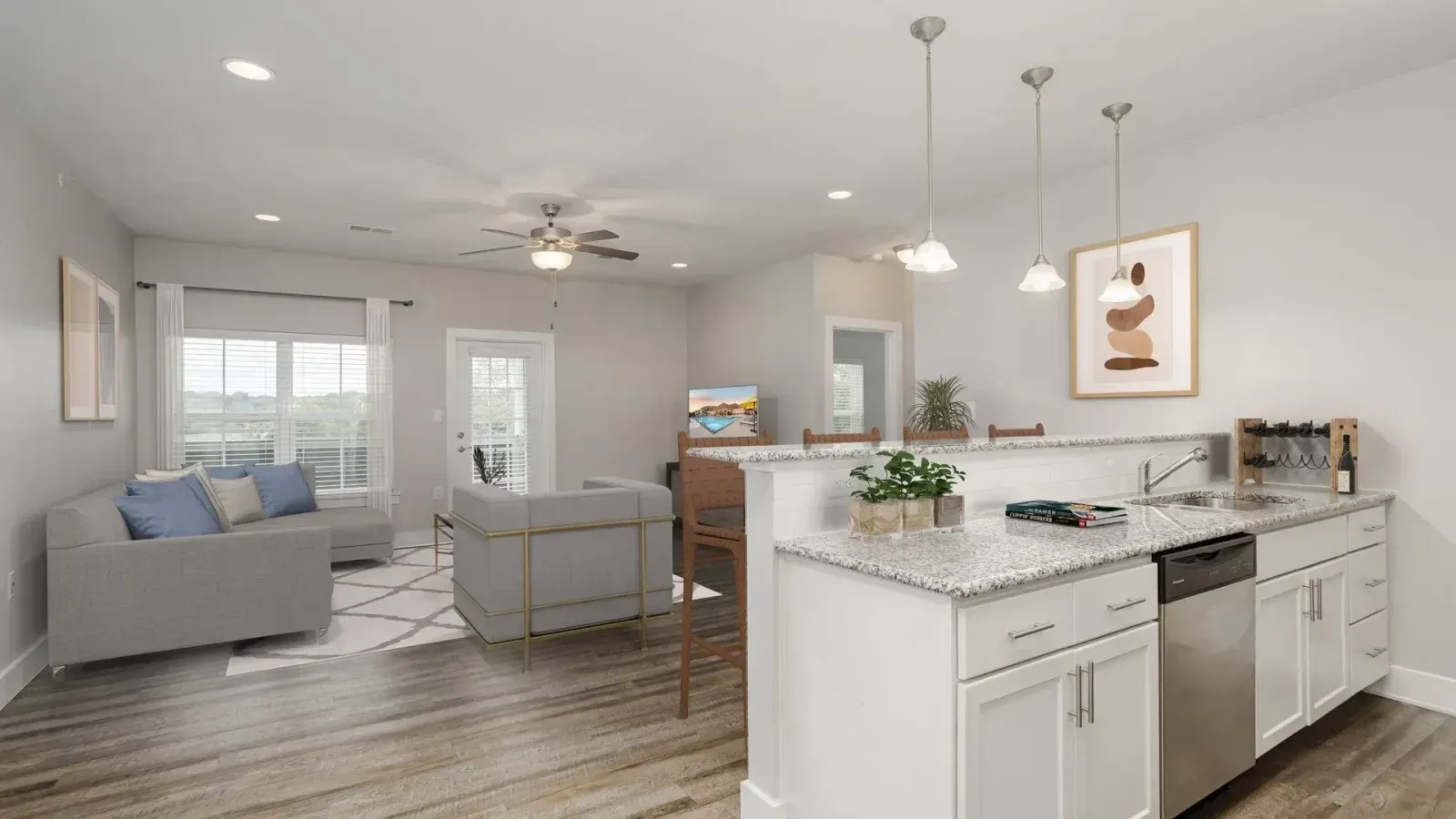 a living room and kitchen.