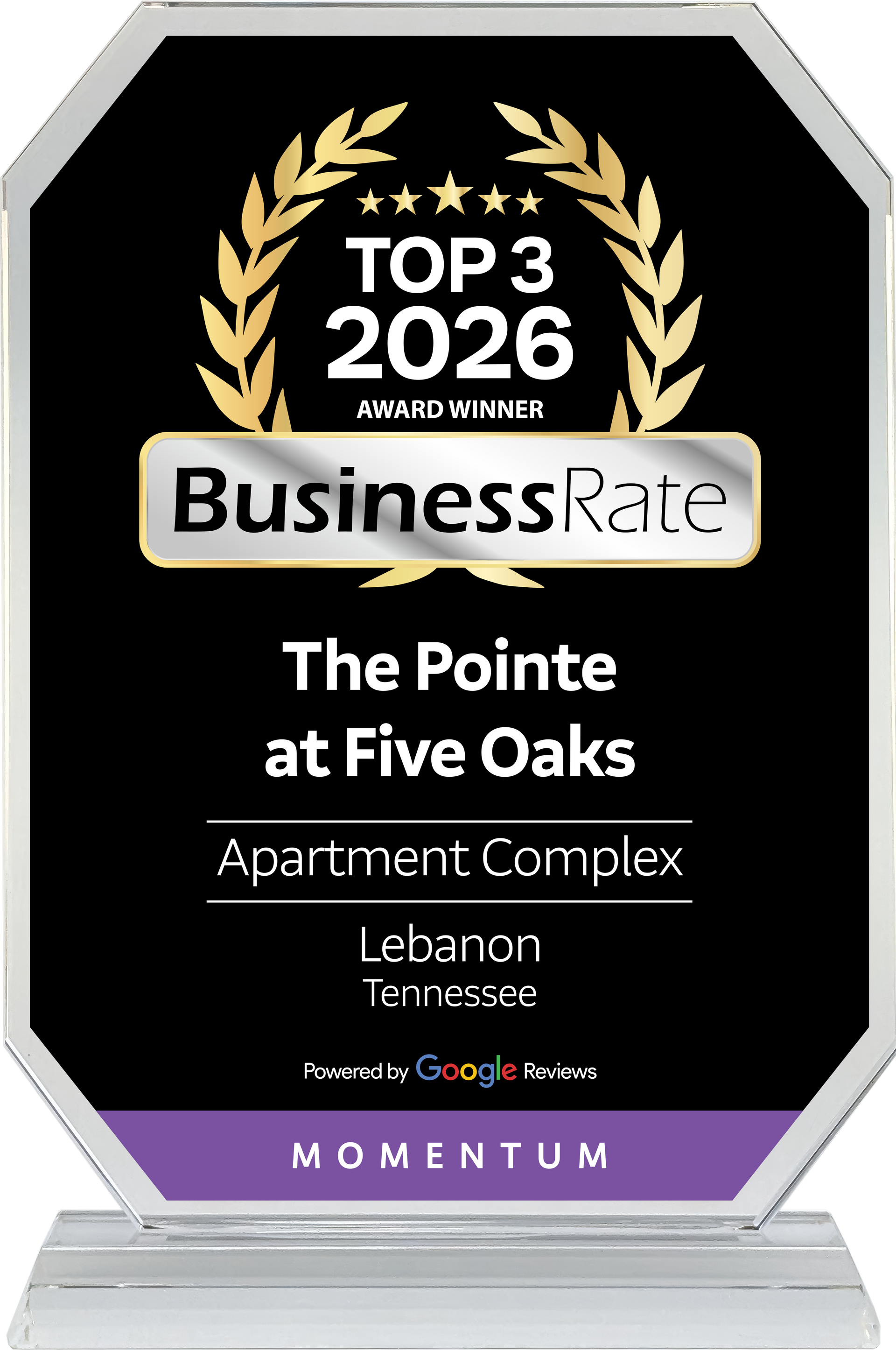 A BusinessRate Top 3 2026 award plaque for The Pointe at Five Oaks apartment complex in Lebanon, Tennessee.