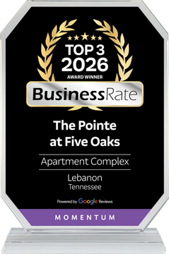A BusinessRate Top 3 2026 award plaque for The Pointe at Five Oaks apartment complex in Lebanon, Tennessee.
