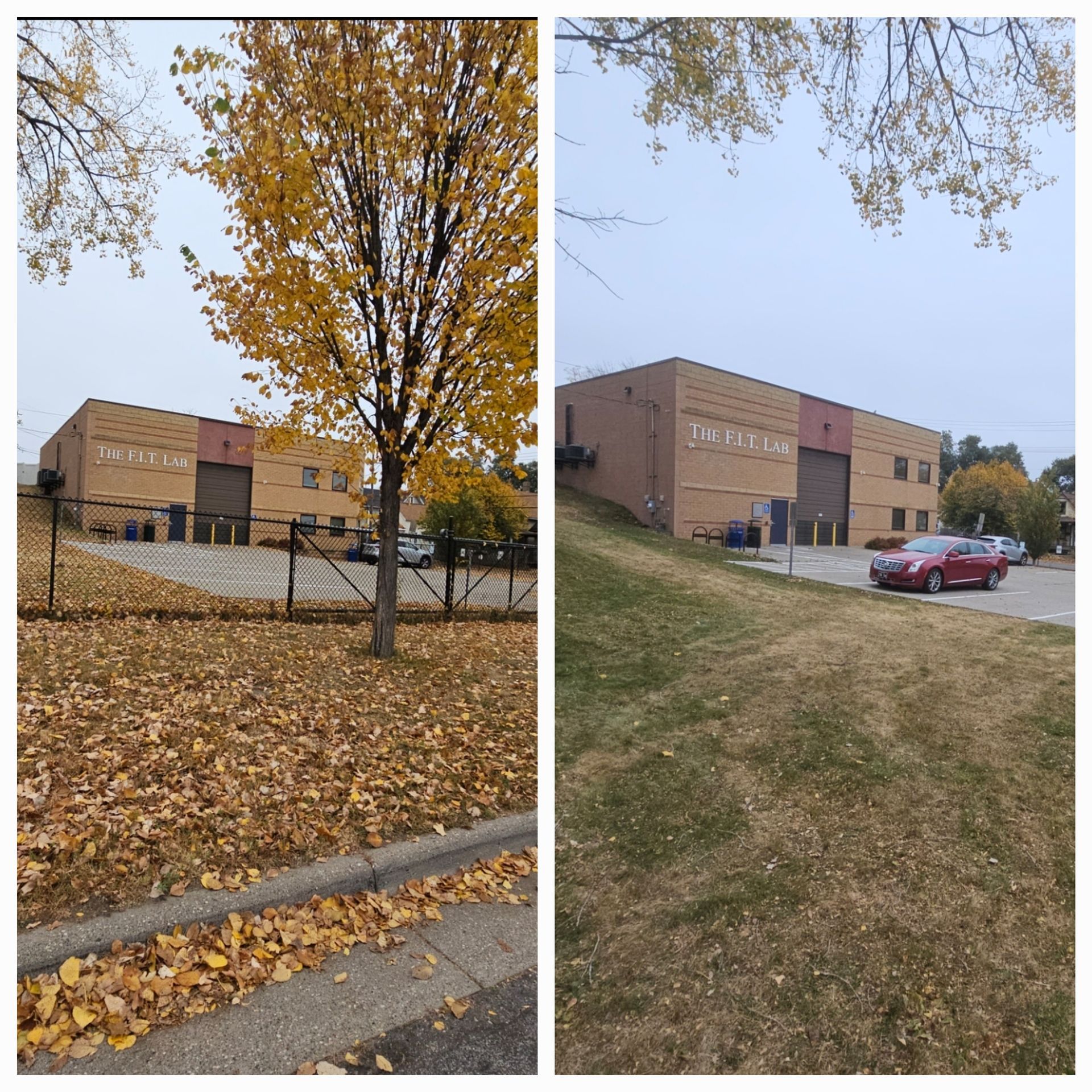 Two pictures of a building with a red car parked in front of it