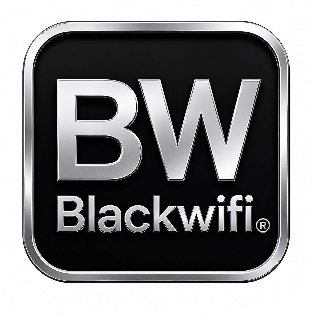 Logotipo de Blackwifi con letras BW plateadas sobre un icono cuadrado redondeado negro.