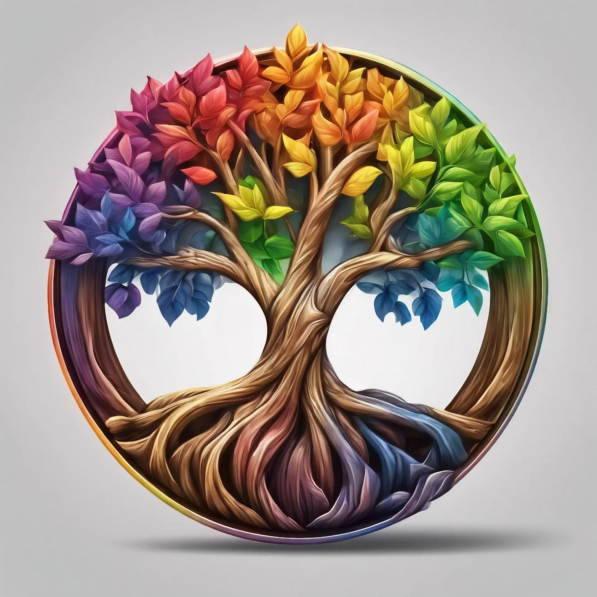 A tree with rainbow colored leaves in a circle