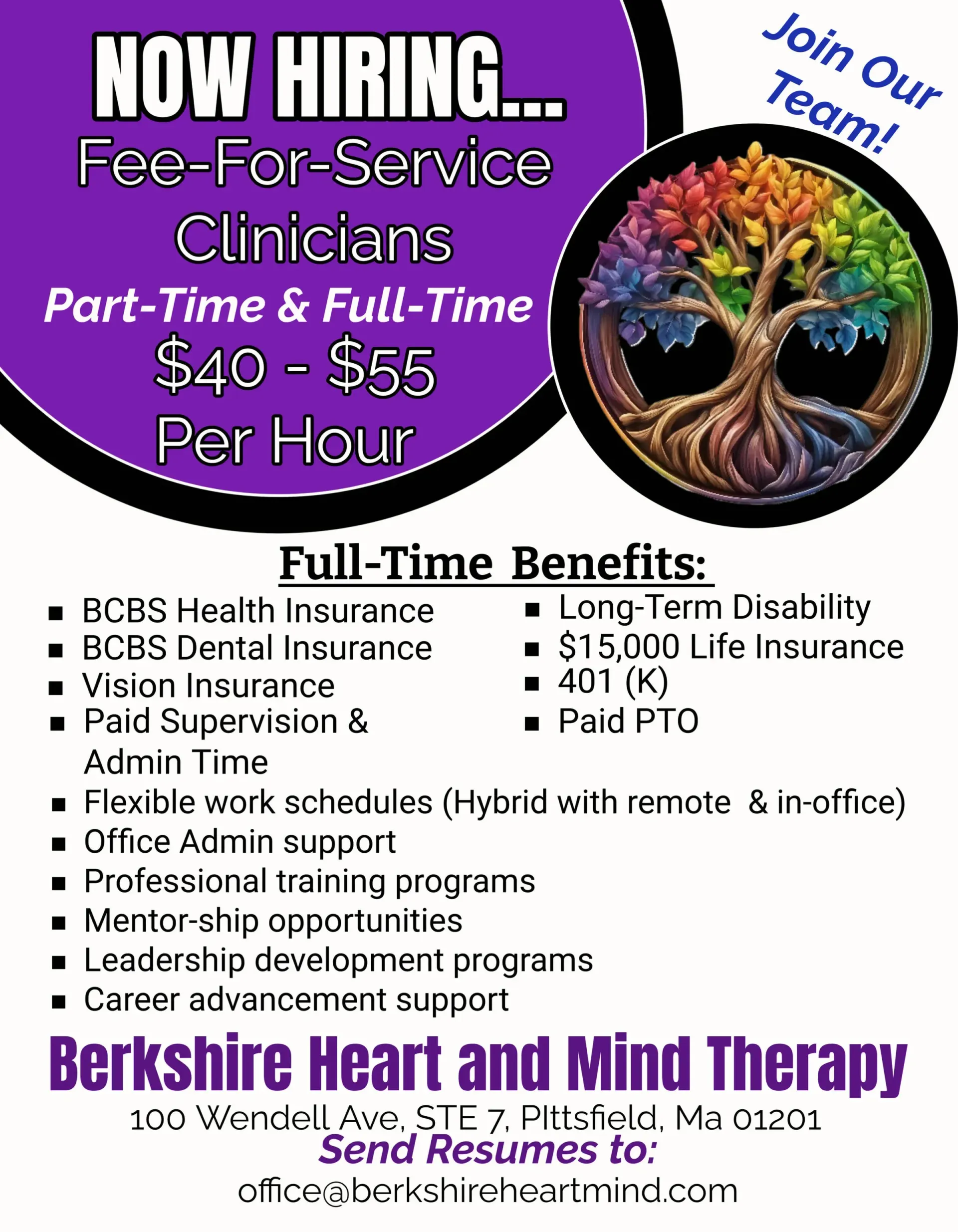 A purple flyer for berkshire heart and mind therapy