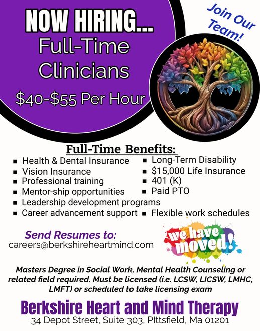 A purple flyer for berkshire heart and mind therapy