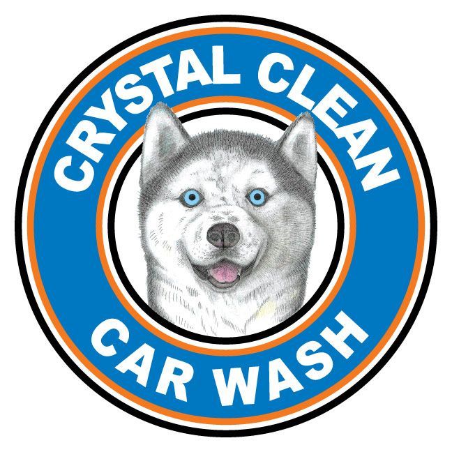 Crystal Clean Car Wash logo: Husky dog in blue and orange circle, with text "Crystal Clean Car Wash".