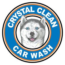 Crystal Clean Car Wash logo: Husky dog in blue and orange circle, with text "Crystal Clean Car Wash".