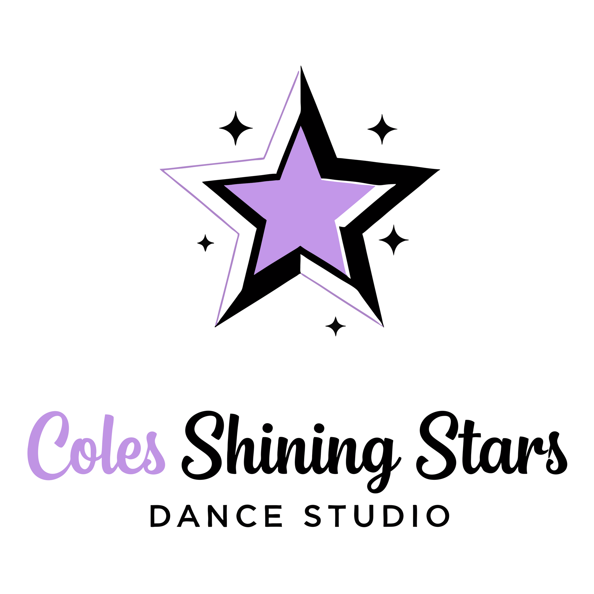 Purple logo for Colts Shining Stars Dance Studio with a dancer on a crescent moon.