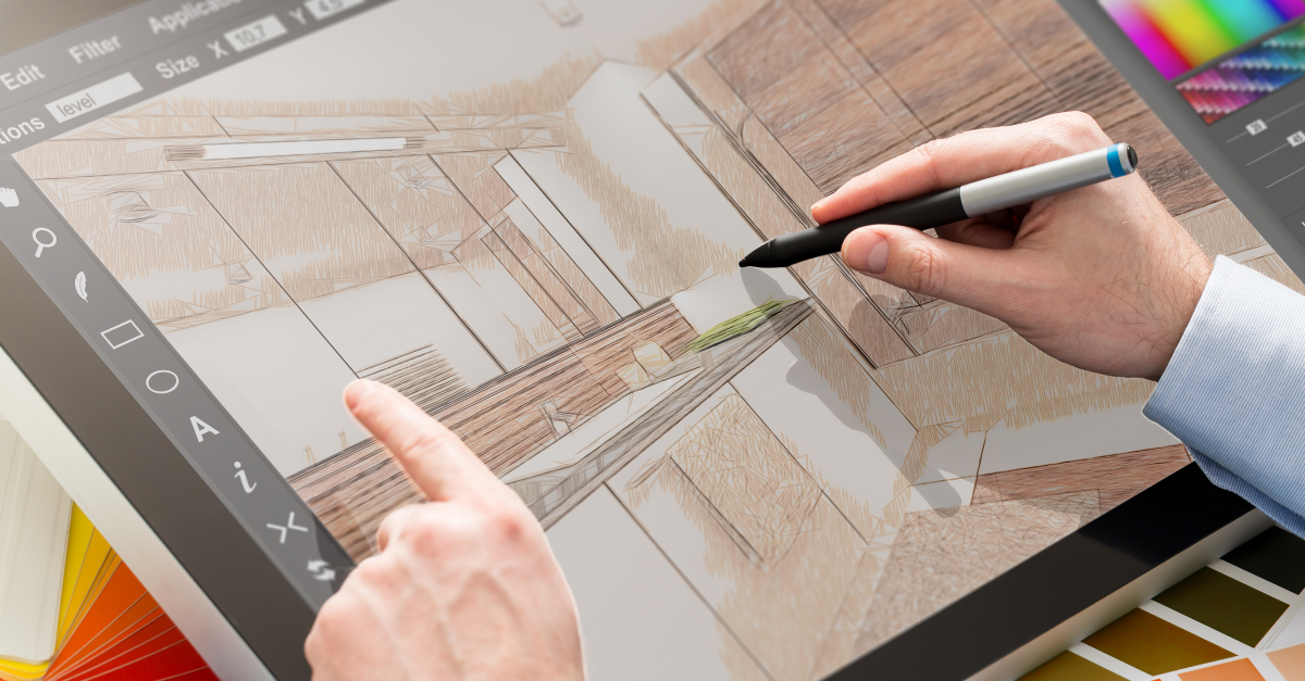 A person is drawing a picture of a kitchen on a computer screen.