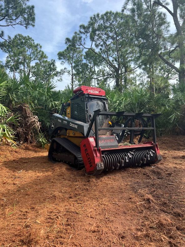 Skid steer with red mulching head clearing land in a wooded area.