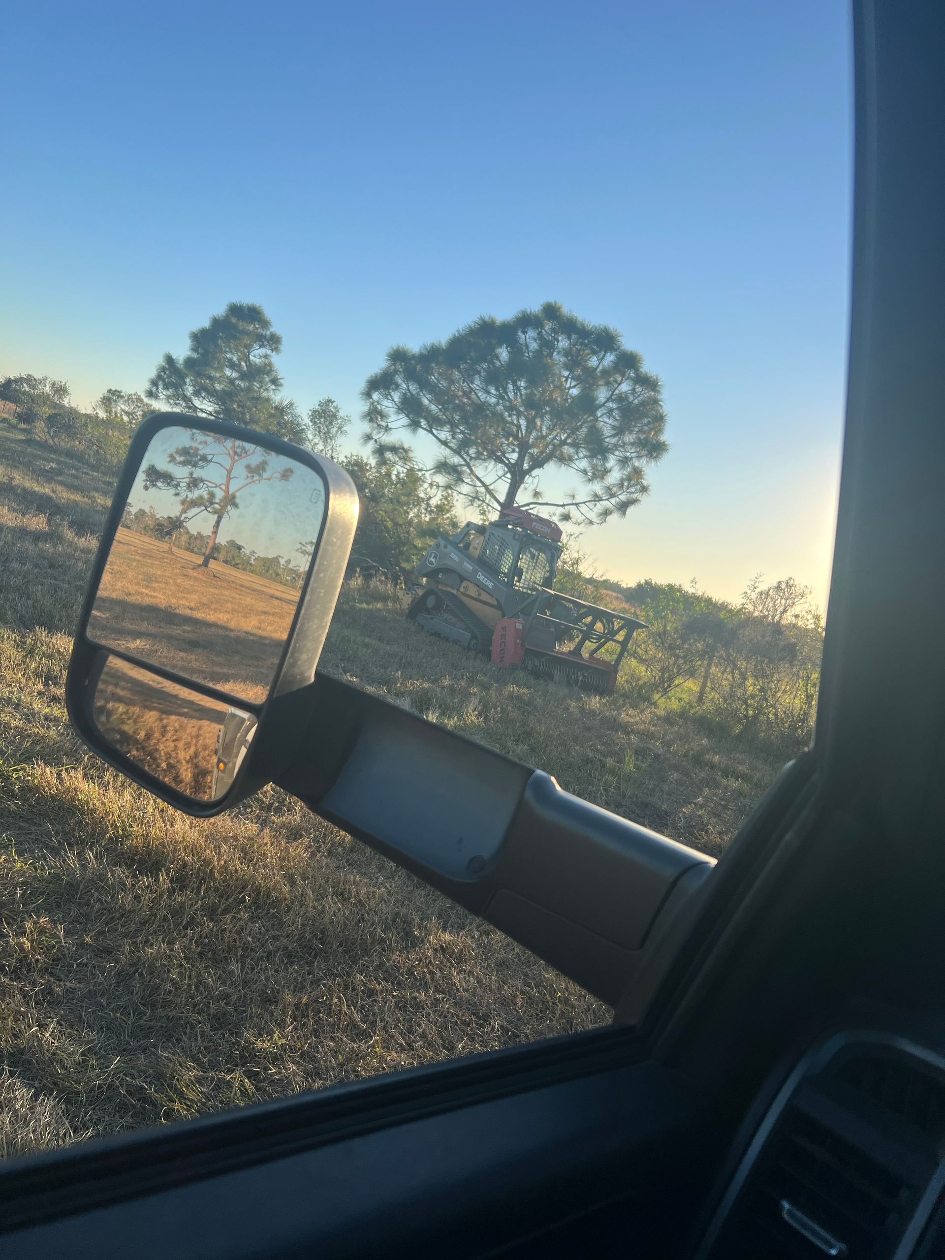 View from a vehicle's side mirror, showing a tree and landscape on a sunny day.