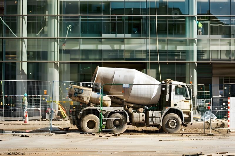 A concrete mixer truck is parked in front of a building under construction.