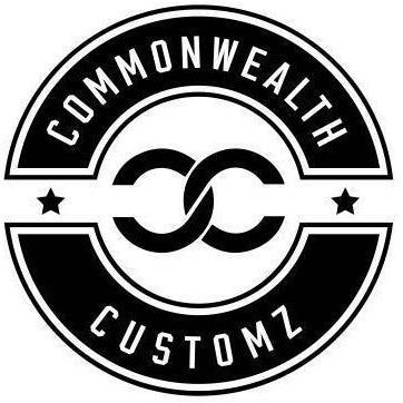 Black and white Commonwealth Customz logo: overlapping 