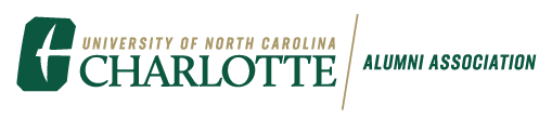 Logo for University of North Carolina Charlotte Alumni Association. Green and white colors are used.