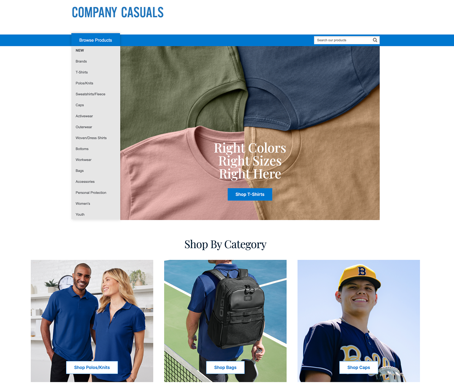 Company Casuals website homepage with clothing categories and featured products.