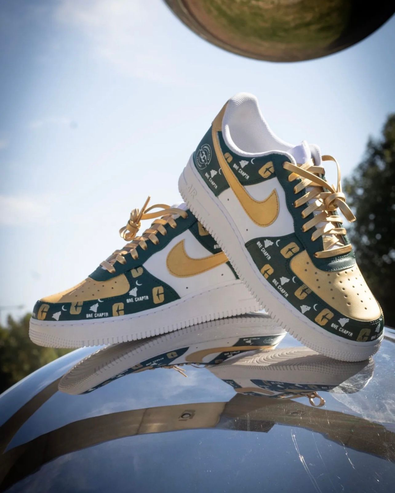 Green and gold Air Force 1 sneakers with 