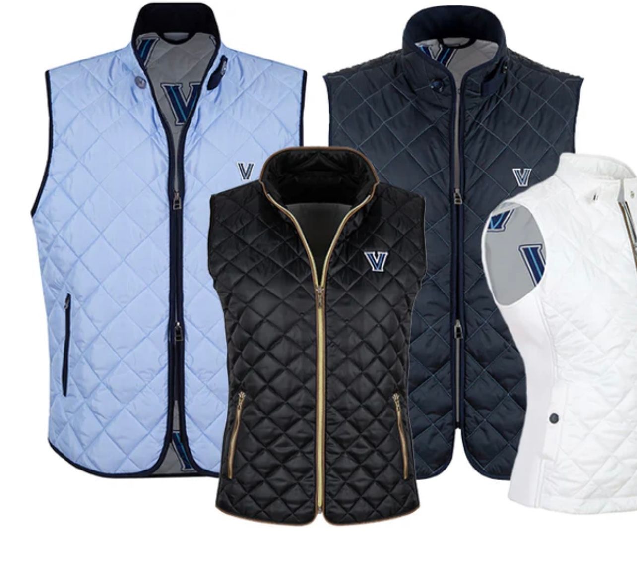 Four quilted vests: light blue, navy, black, and white; each with a zippered front and a school logo.